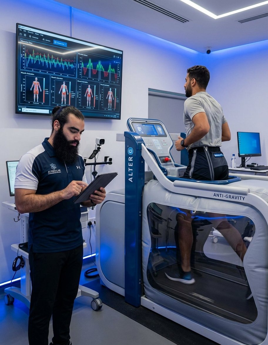 Muhab Oweis supervising an Alter-G anti-gravity treadmill session with biomechanical data screens