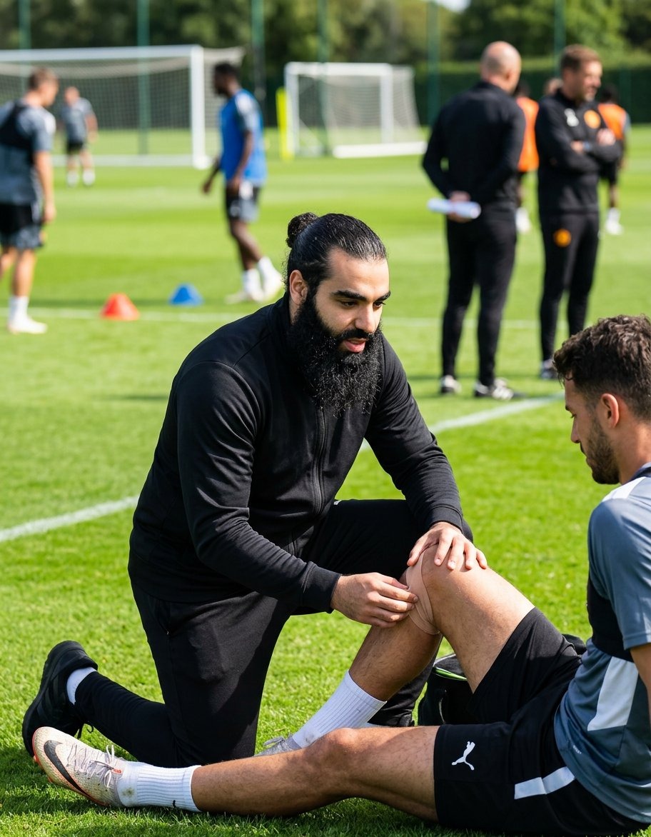 Muhab Oweis treating a professional footballer on the pitch